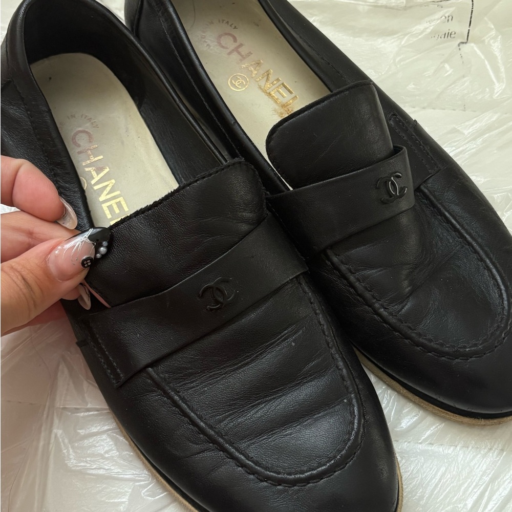 CHANEL Women’s Black Leather Slip-On Loafers